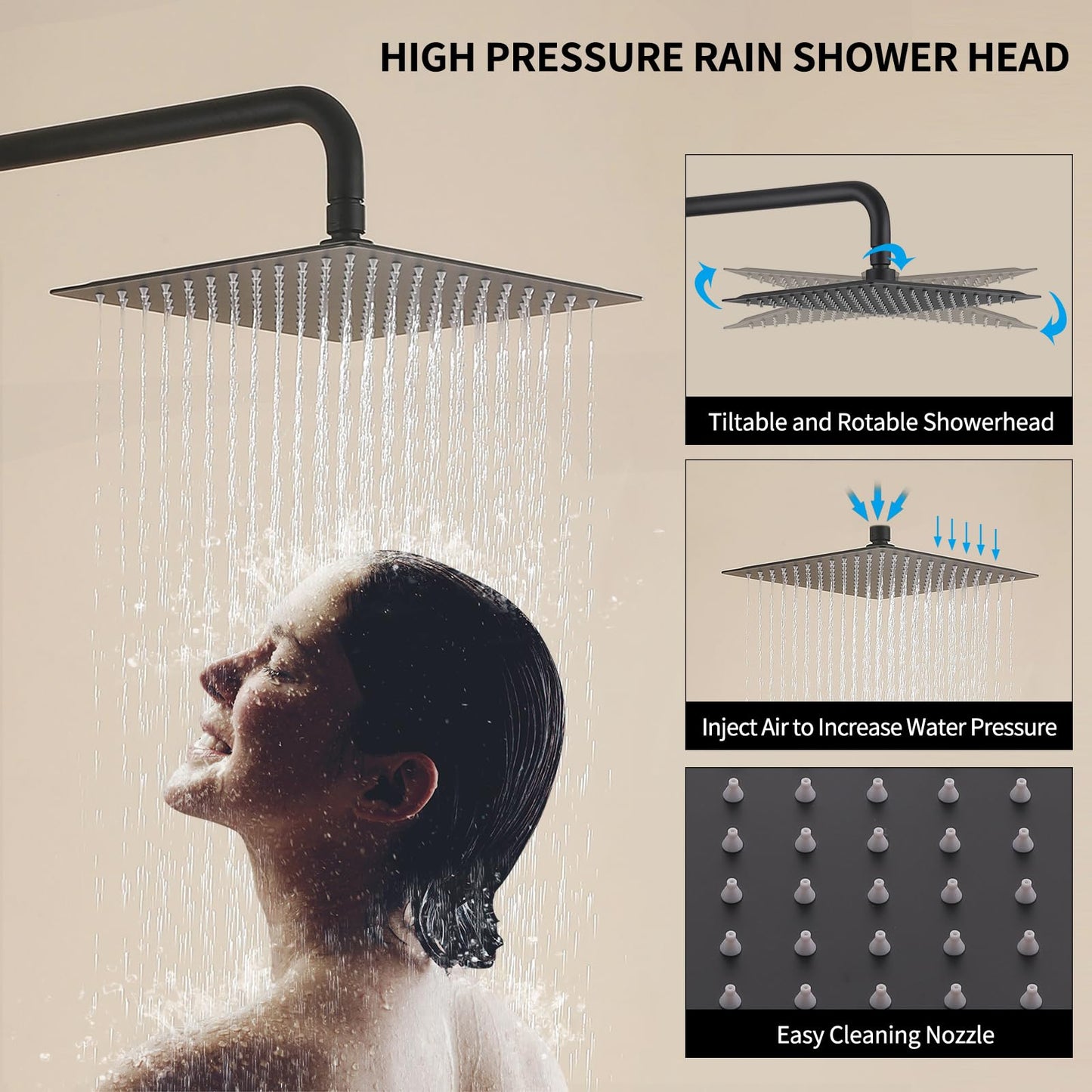 HANJAI Exposed Shower System 10" Matte Black Rainfall Shower Head with 2 Modes Handheld and Tub Faucet Set, Square Shower Head 3 Functions Outdoor Shower Fixtures with Brass Valve, Height Adjustable