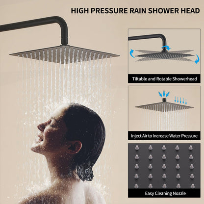 HANJAI Exposed Shower System 10" Matte Black Rainfall Shower Head with 2 Modes Handheld and Tub Faucet Set, Square Shower Head 3 Functions Outdoor Shower Fixtures with Brass Valve, Height Adjustable