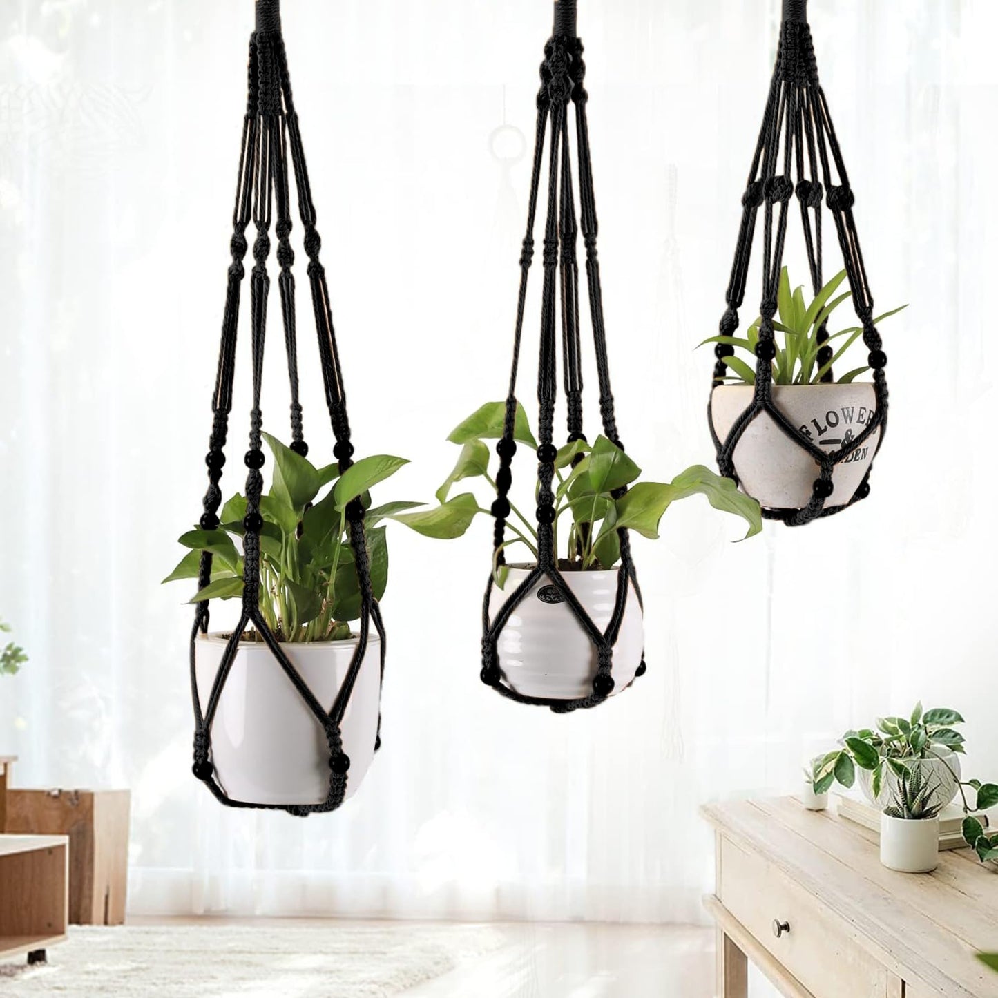 MKO SHUN 3-Pack Macrame Plant Hanger Indoor - Hanging Planter Basket for Indoor Outdoor - Decorative Boho Plant Holders Set with Beads - Ceiling Flower Pot Holder with 6 Hooks - 35"/30"/24" Black