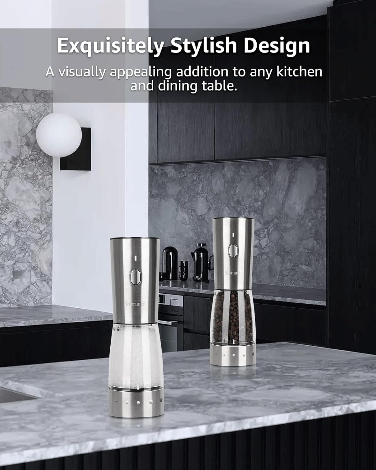 Electric Salt and Pepper Grinder Set, Large Capacity 5.3oz Salt and Pepper Grinder Set with Adjustable Coarseness, Rechargeable Stainless Steel Electric Pepper Grinder with Elegant Storage Base
