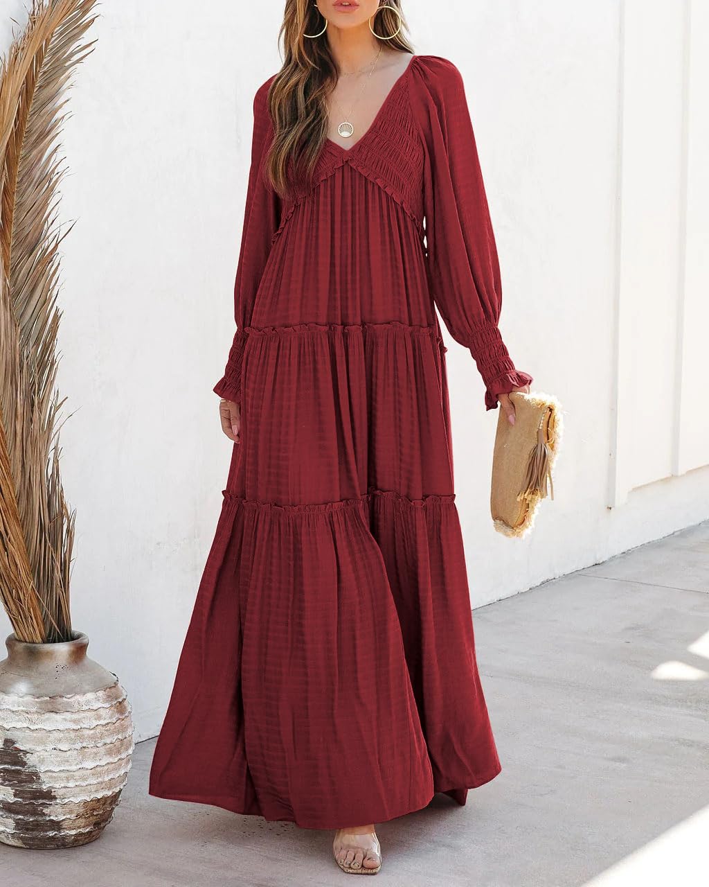 R.Vivimos Maxi Dress for Women Long Sleeve V Neck Empire Waist Layered Ruffle Boho Casual Flowy Long Dresses