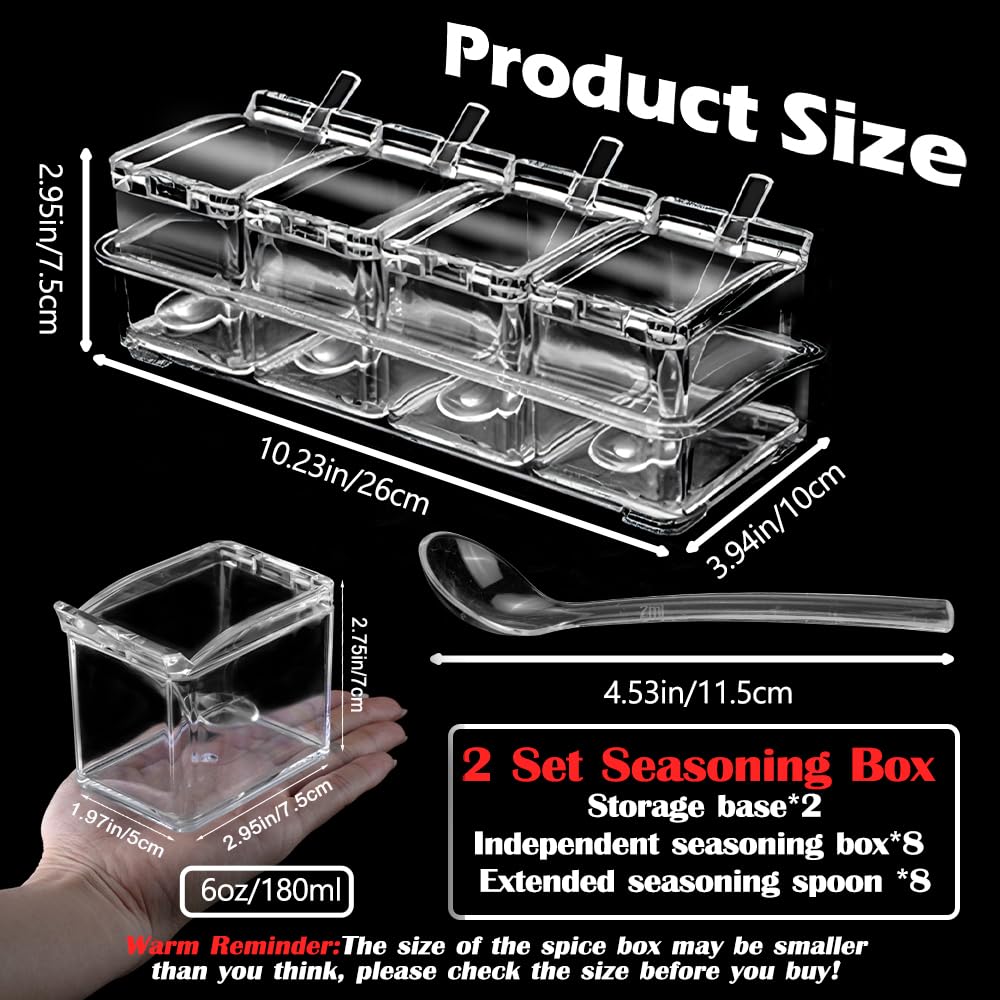 SHAIDOJIO Clear Seasoning Box, 8 Pcs Spice Storage Pots Condiment Container Boxes with Lids and Spoons, Seasoning Rack Spice Jar, Kitchen Seasoning Organizer for Salt, Sugar, Cocoa, Ice Cream Toppings