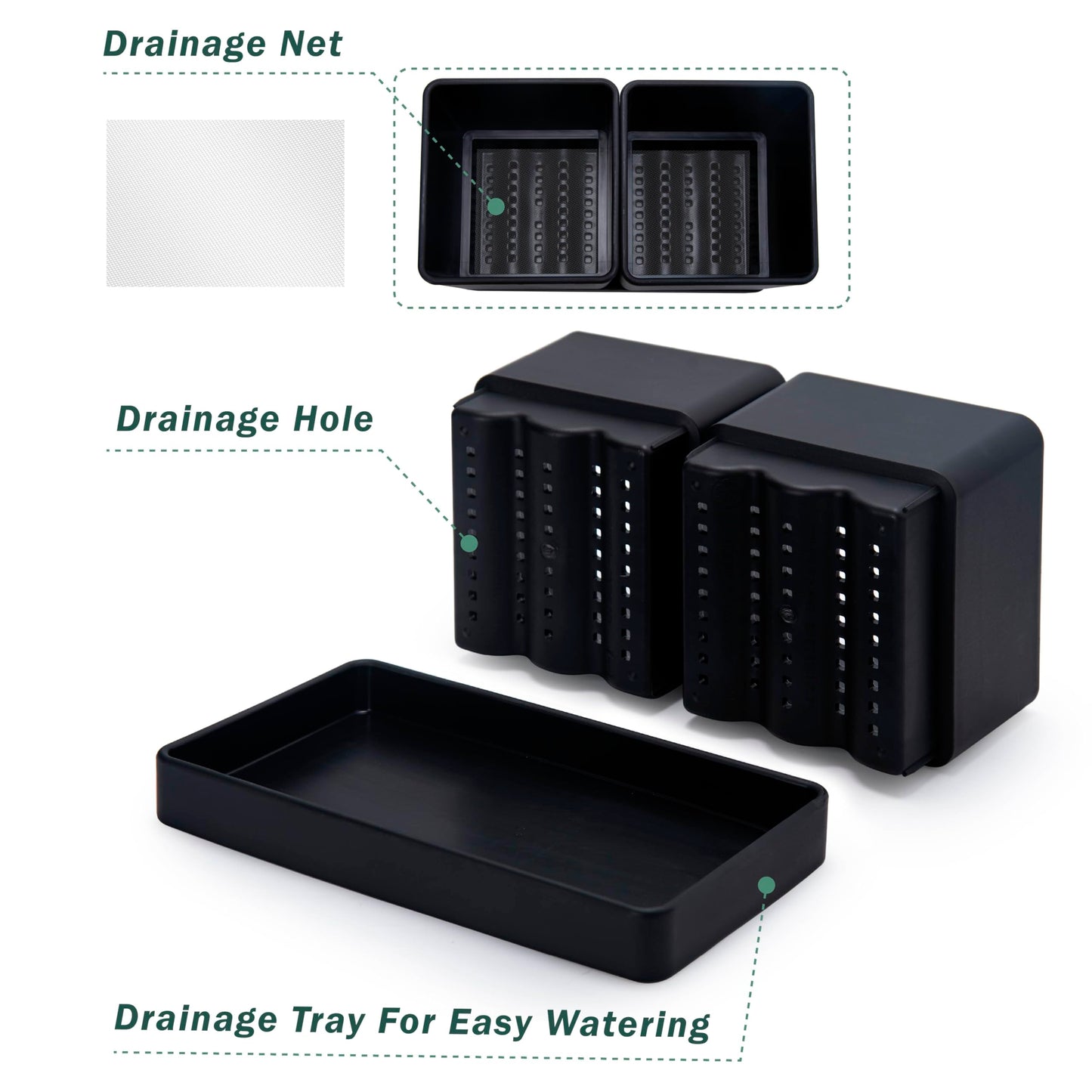 D'vine Dev Indoor Herb Garden Planter Set, Plastic Windowsill Plant Pots with Drainage and Saucer, Indoor Succulent Cactus Vegetable Pot for Balcony, Office, Garden, Black, Set of 2, 76-Q-B-2