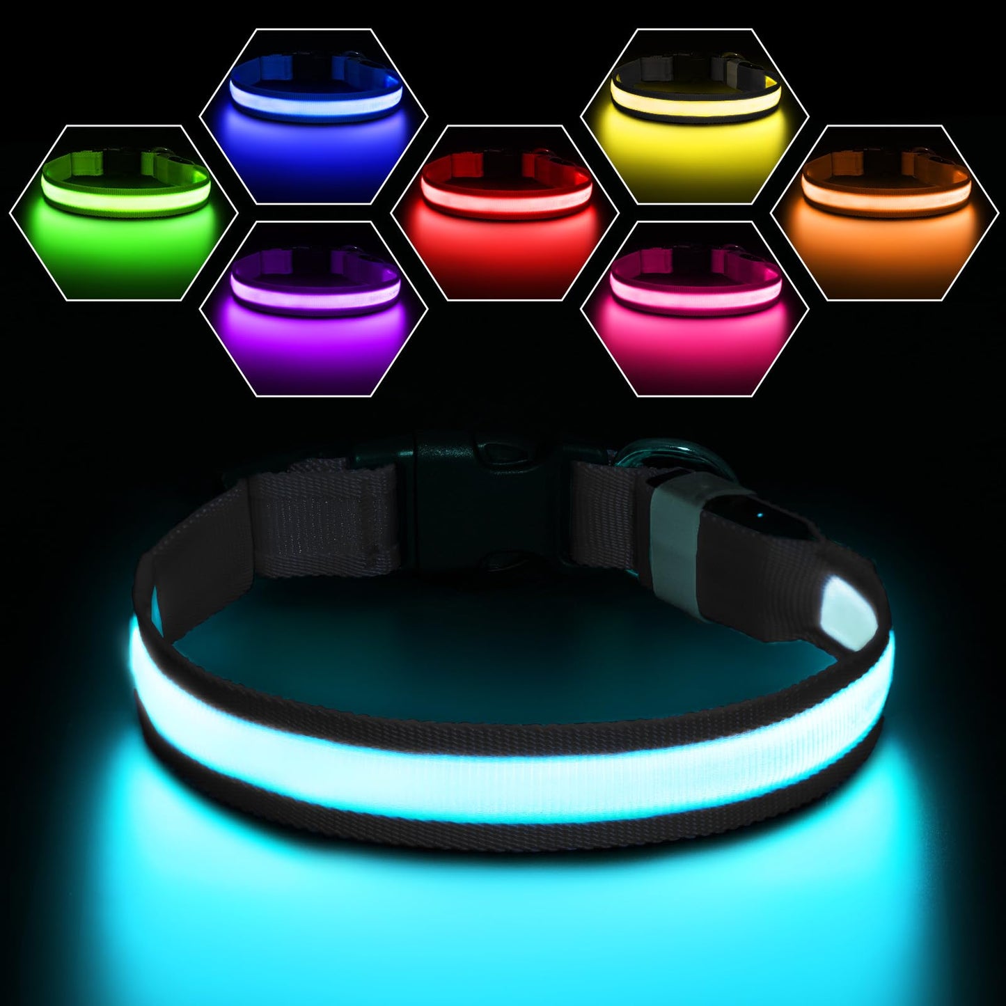 Pceotllar Light Up Collar - Rechargeable Flashing LED, Waterproof, 7 Colors, 8 Modes - Black, Adjustable for Small to Large Dogs