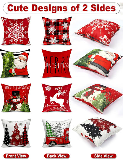 Double-Sided Print Christmas Pillow Covers 16''x16'', Set of 4, 8 Christmas Patterns Christmas Tree, Snowman, Snowflakes, Merry Christmas, Deer, Santa Claus,Truck, Let It Snow, Soft Linen Material