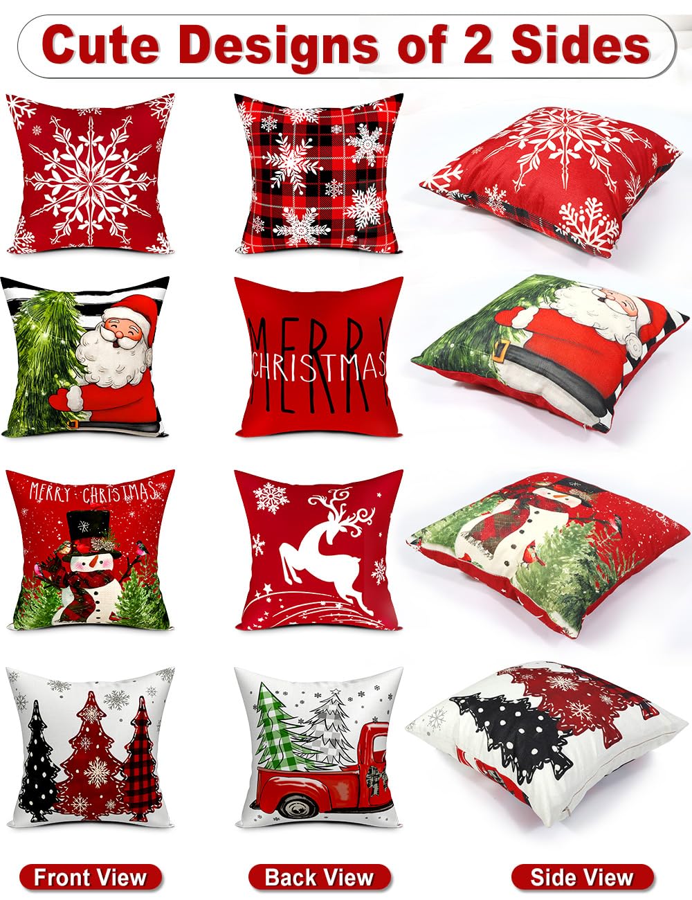 Double-Sided Print Christmas Pillow Covers 18''x18'', Set of 4, 8 Christmas Patterns Christmas Tree, Snowman, Snowflakes, Merry Christmas, Deer, Santa Claus,Truck, Let It Snow, Soft Linen Material