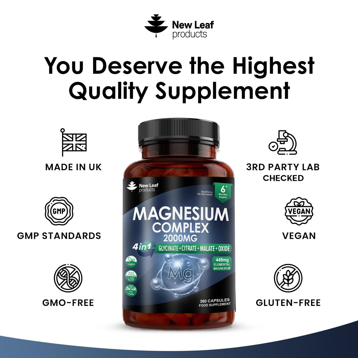 Magnesium Glycinate 4-in-1 Complex 2000mg - High Strength Magnesium Supplements - Bisglycinate,Citrate, Malate, Oxide - 360 Capsules 449mg Elemental - Vegan UK Made by New Leaf