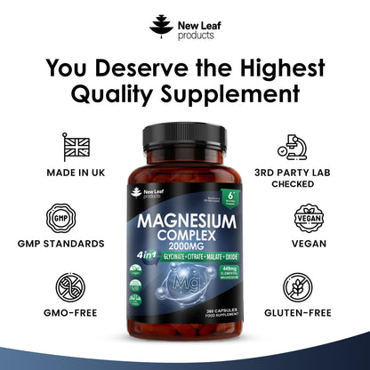 Magnesium Glycinate 4-in-1 Complex 2000mg - High Strength Magnesium Supplements - Bisglycinate,Citrate, Malate, Oxide - 360 Capsules 449mg Elemental - Vegan UK Made by New Leaf