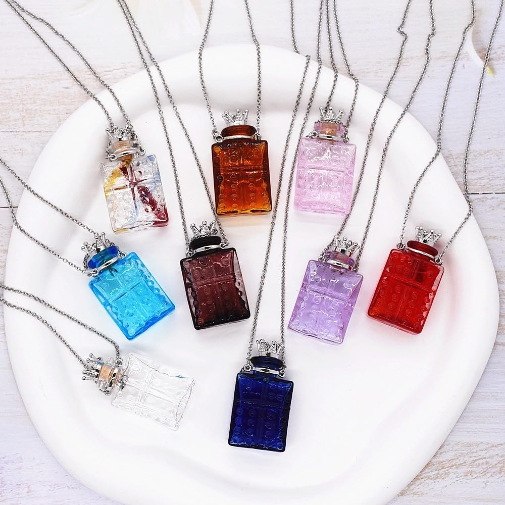 CoolDIY Handcrafted Glaze Glass Square Refillable Essential Oil Necklace Pendant - Aromatherapy Perfume Diffuser Pendant with Stainless Steel Chain (Pink)