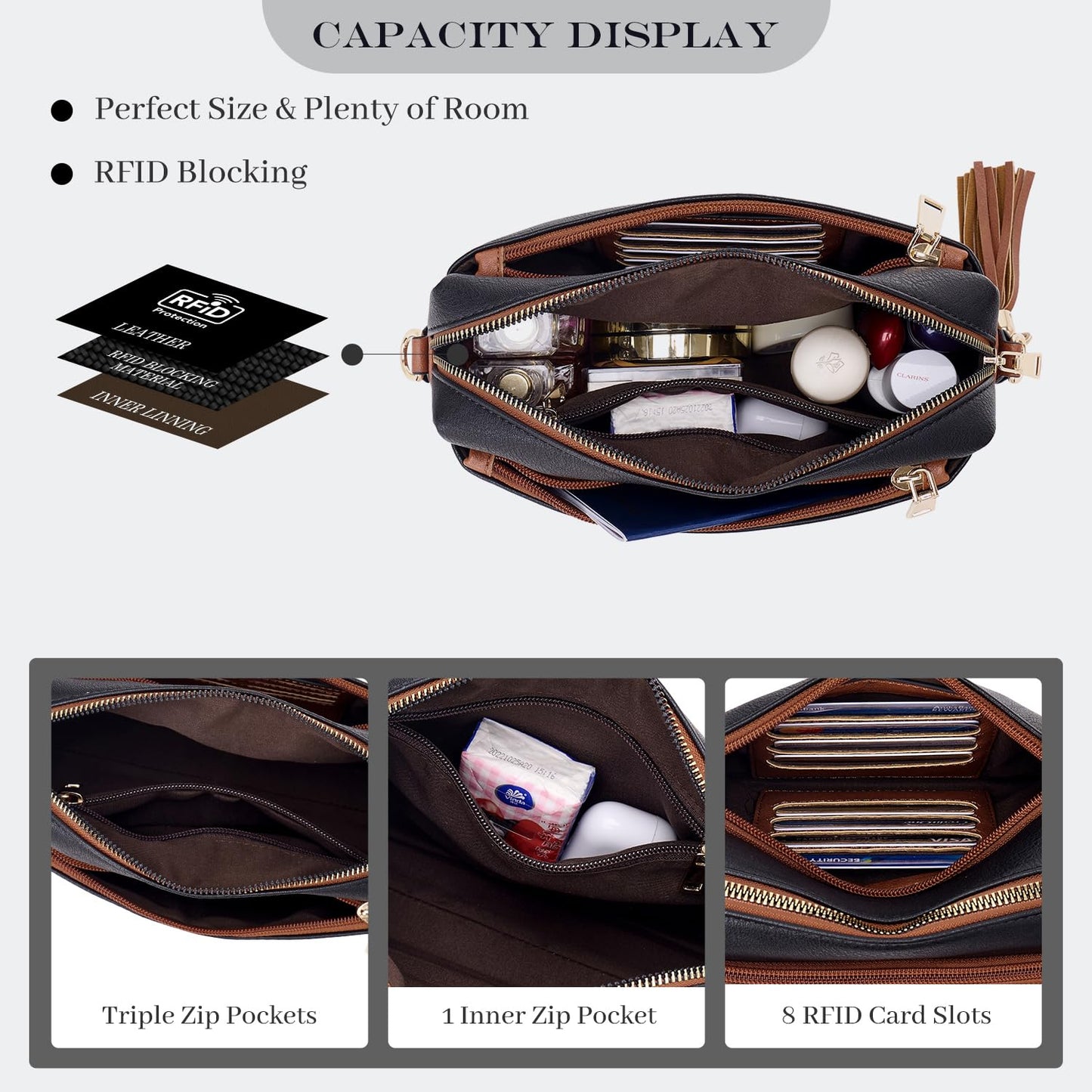 Roulens Triple Zip Small Crossbody Bag for women,Wide Strap Cell Phone Purse Shoulder Handbag Wallet with Credit Card Slots