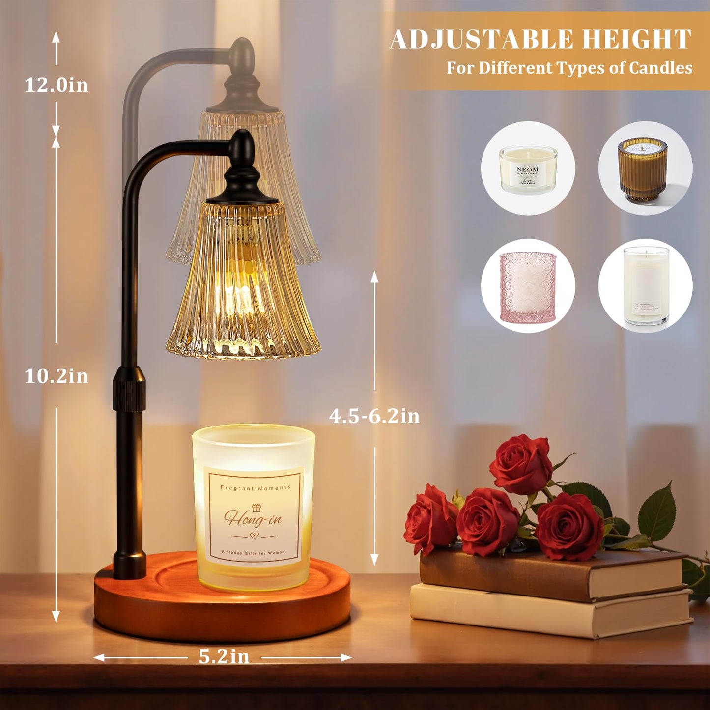 Black Walnut Candle Warmer Lamp with Timer Dimmable,Birthday Gifts for Women,Adjustable Height Wax Melt Warmer for Jar Candles,House Warming Gifts New Home,Ideal for Office,Dorm,Bedroom Home Decor