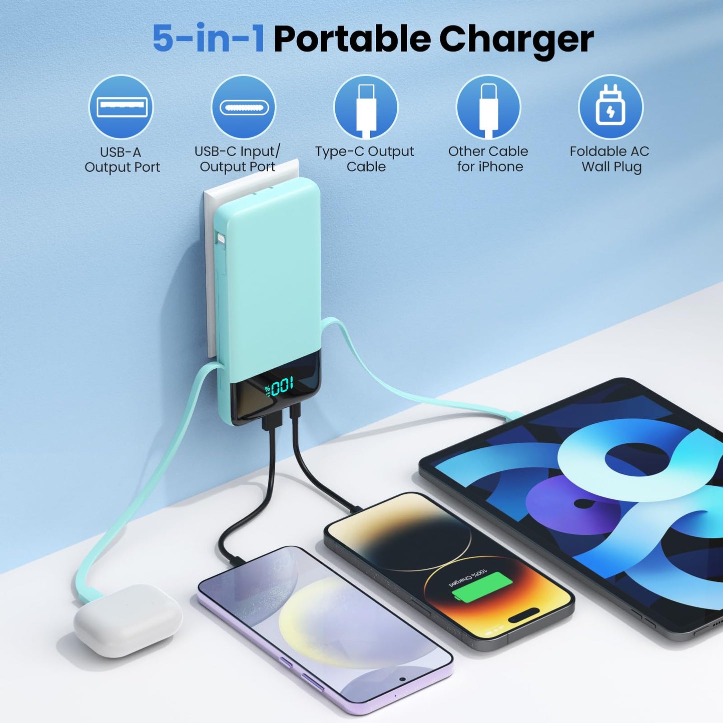 Portable Charger 50800mAh Power Bank with 3 Built in Cables,25W PD QC4.0 Fast Charging USB C Battery Pack,6 Outputs 2 Inputs Travel Essentials Portable Phone Charger for iPhone 17/16/15,Google,Android