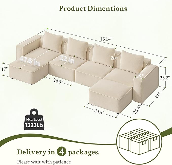 Welzona 132" Sectional Couch, Locked-in Modular Sectional Sofa, Wood Frame