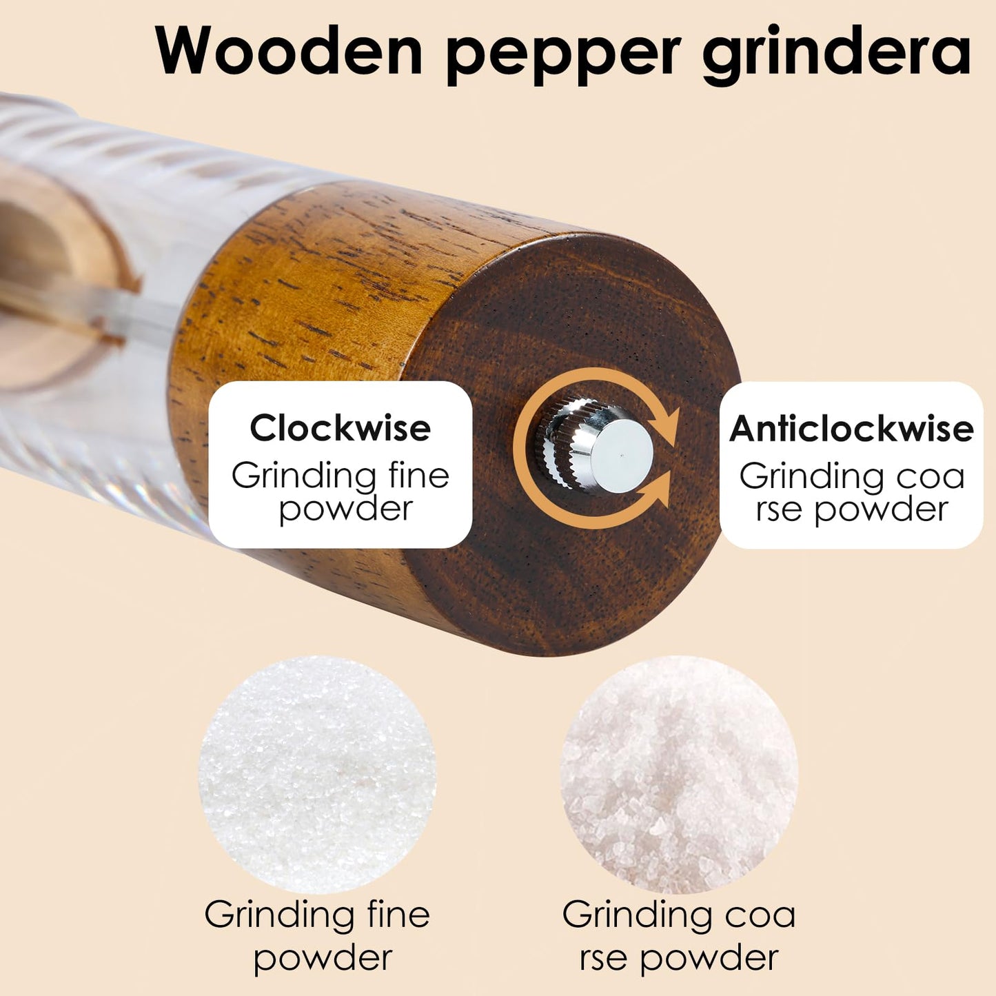 2 Pack Wooden Salt and Pepper Grinder Set,8 Inch Manual Acrylic Salt and Pepper Mills with Adjustable Ceramic Grinder Core,Rustic Wood Finish Spice Grinder Set for Kitchen Dining Table BBQ