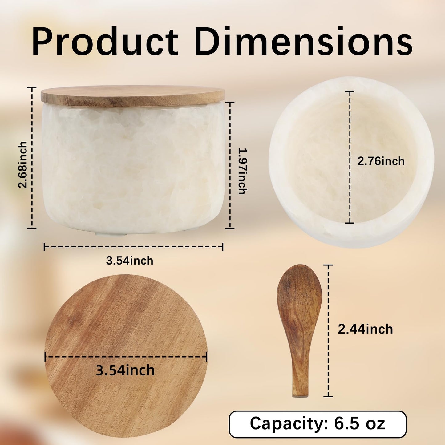 Lc.Courage Salt and Pepper Spice Cellar, Marble Container for Coffee, Sugar, Spices and Candies, With Built-in Magnetic Attraction Spoon and Acacia Wood Lid, 6.5 oz (Snowflake White)