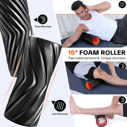 Sportneer 4 in 1 Foam Roller Set: Dual Textures Foam Roller, Foot Roller, Lacrosse Ball, Traction Massage Ball with String, Deep Massage Roller for Whole Body Release, Physical Therapy (Black)