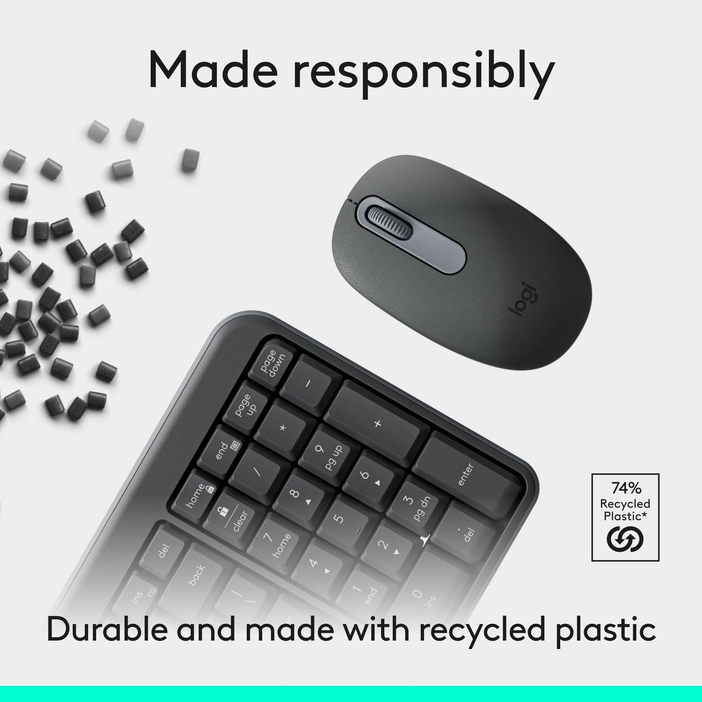 Logitech K250 Bluetooth Keyboard with Numpad, Easy Connectivity, Compact Wireless Keyboard Made with Recycled Plastic, Spill-Resistant, Comfortable Keys - Windows/MacOS - Graphite