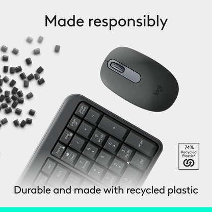 Logitech K250 Bluetooth Keyboard with Numpad, Easy Connectivity, Compact Wireless Keyboard Made with Recycled Plastic, Spill-Resistant, Comfortable Keys - Windows/MacOS - Graphite
