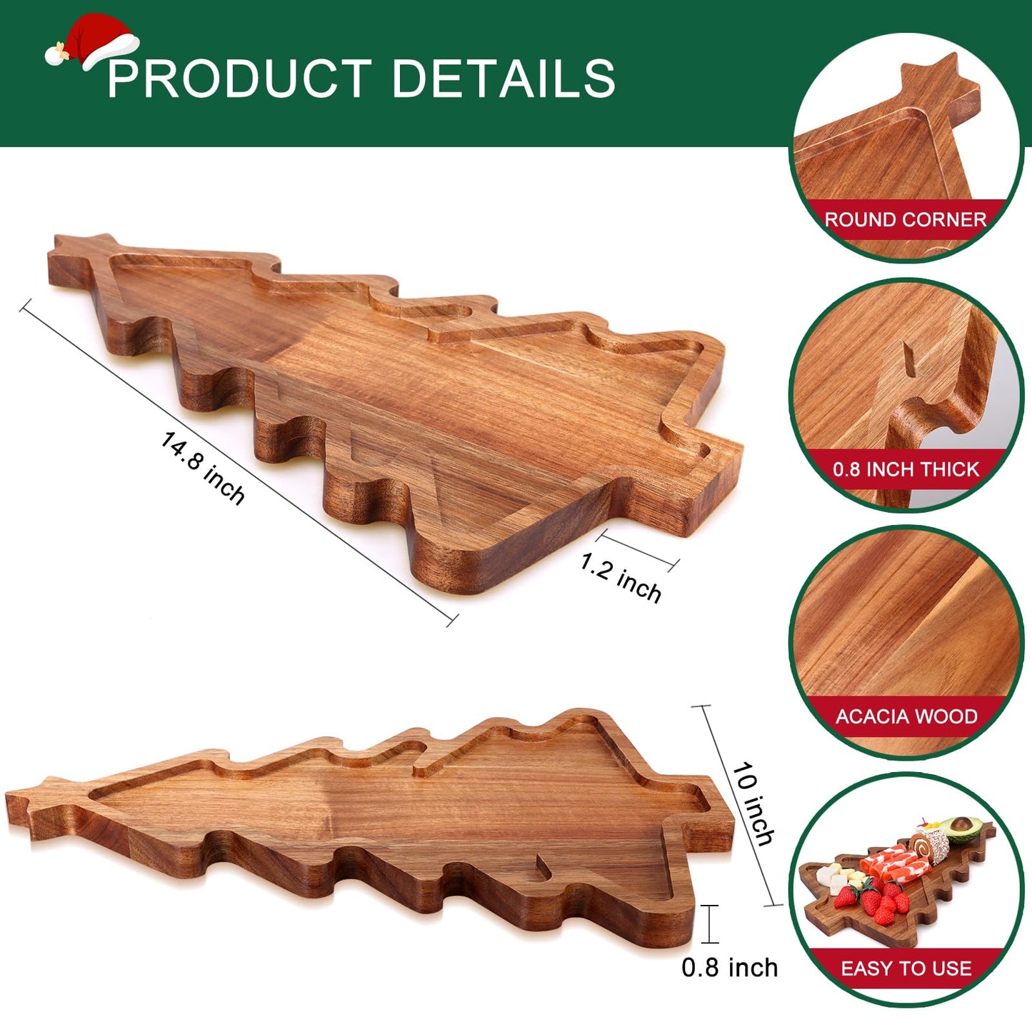 Gtencemen Acacia Wood Christmas Tree Tray - Decorative Serving Platter, Festive Plate, Xmas Dish & Wooden Charcuterie Board for Holiday Gift, Cheese, Fruit, Veggie & Cookie, Food, Snack, 16” x 10”