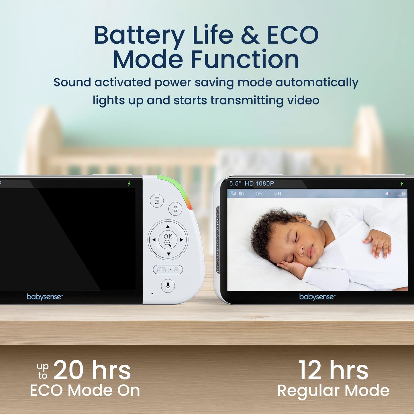 Babysense 5.5” 1080p Full HD Split-Screen Baby Monitor, Video Baby Monitor with Camera and Audio, Two PTZ Cameras, RGB Night Light, 300m Range, Two-Way Audio, 4x Zoom, 5000mAh Battery