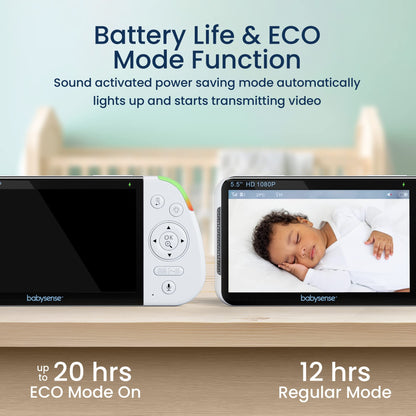 Babysense 5.5” 1080p Full HD Split-Screen Baby Monitor, Video Baby Monitor with Camera and Audio, Two PTZ Cameras, RGB Night Light, 300m Range, Two-Way Audio, 4x Zoom, 5000mAh Battery