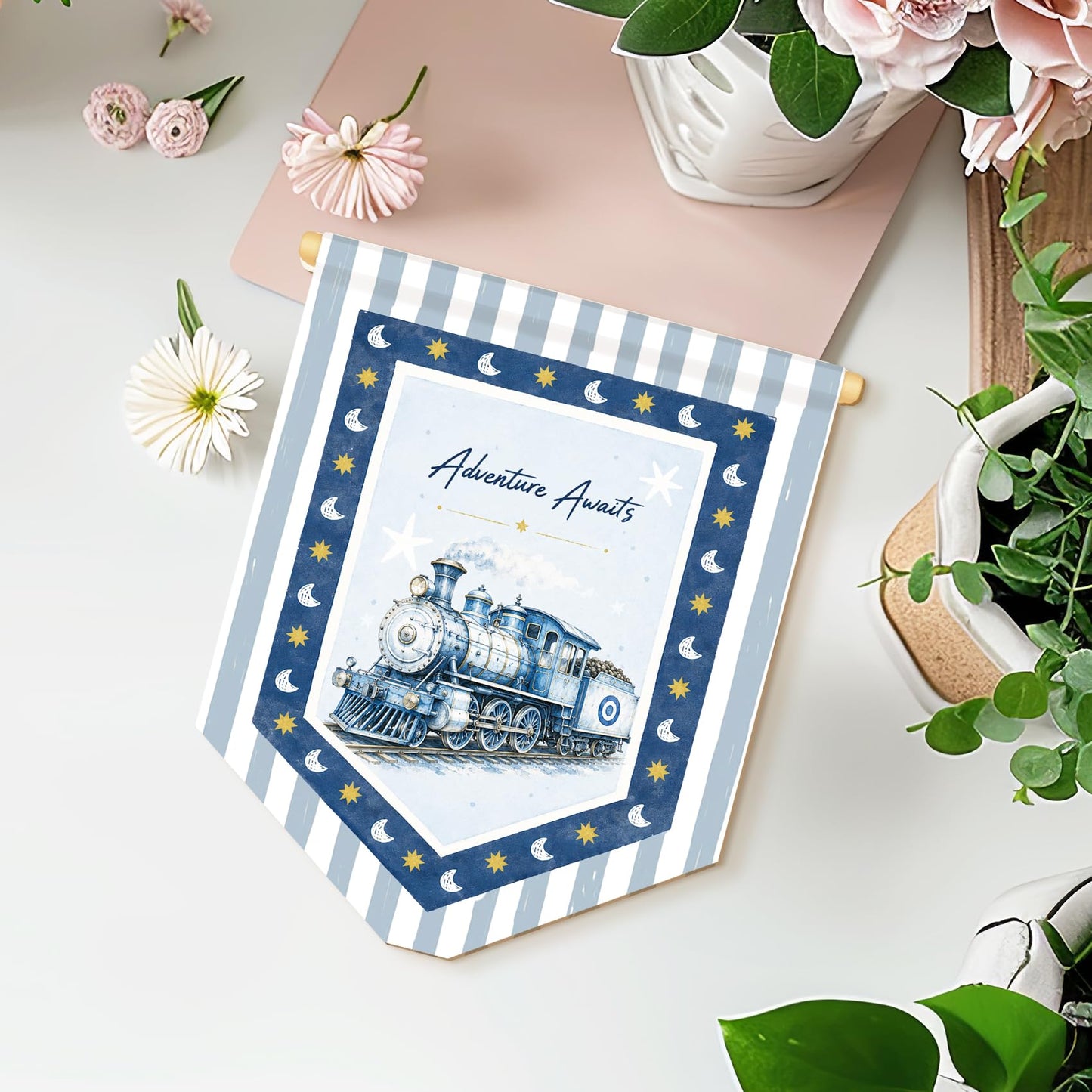 MOTERMATE Adventure Awaits Train Sign Decor, Moon Stars Boy Nursery Blue Striped Front Door Wall Hanging Decor Decorations for Kids Nursery Room Bedroom Playroom Classroom, 8x10 Inch