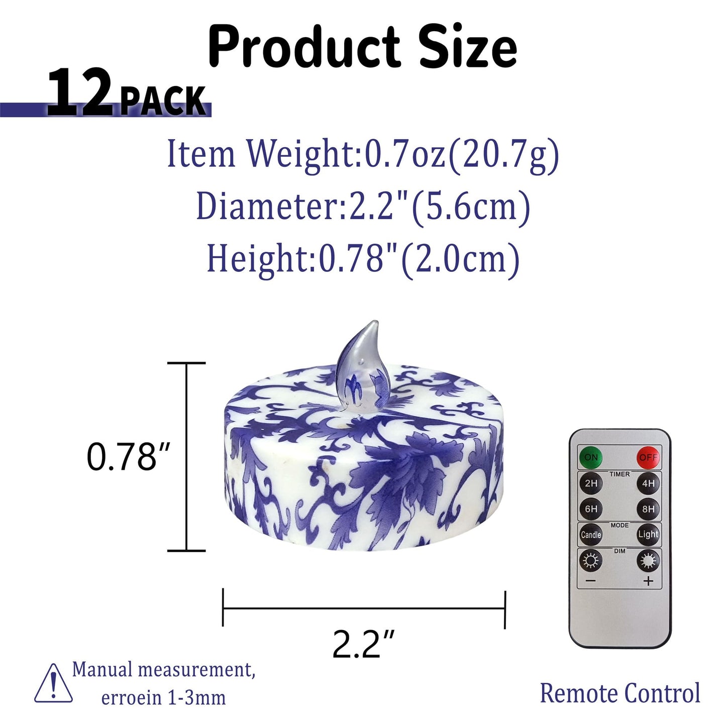 Gedengni Floral Flameless Tealights with Remote - 12 Pack Blue and White LED Tealight Candles Battery Operated Tea Lights Safe Realistic Flickering for Home Decor Wedding Party,TLT12P-BW