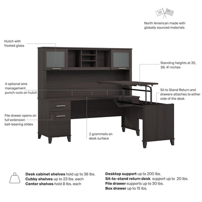 Bush Home 72-Inch L-Shaped Sit to Stand Desk with Hutch, Adjustable Height Standing Corner Computer Desk with Drawers, Shelves and Storage Cabinet, Home Office, Somerset Collection, Storm Gray