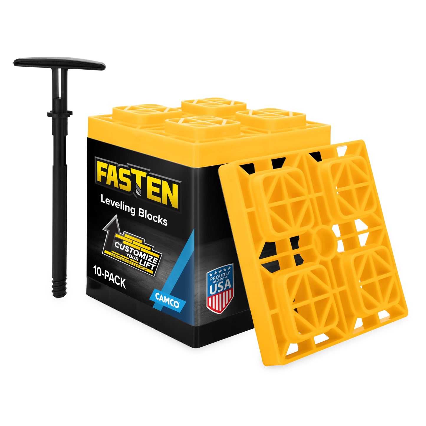 Camco FasTen RV Leveling Blocks - Features Interlocking Design for Customizable Height - Carrying Handle Twists to Secure Blocks for RV Storage - 8.5” x 8.5” x 1”, Yellow, 10-Pack (21022)