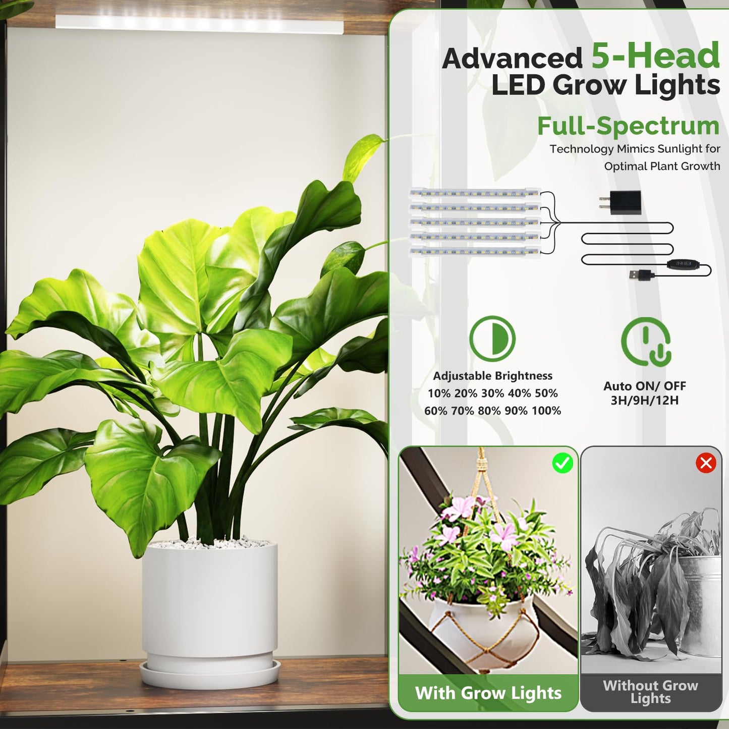 VINGLI Plant Stand with Grow Light, 63" Tall Plant Shelf Indoor with 5 LED Light, Large Tiered Plant Stand for Indoor Growing, Full-Moon Round Metal Display Shelves, Modern Flower Rack for Living Room, Balcony & Office, Black