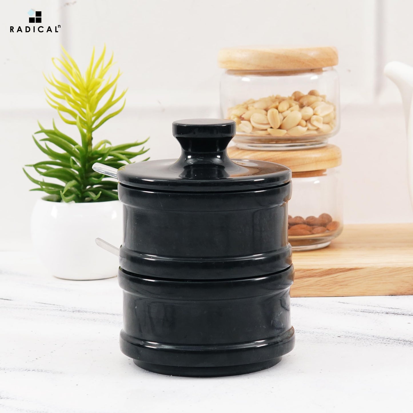 Radicaln Handmade Marble Black 5.5” Dual Salt Cellar With Lid – 2.3” Each Salt and Pepper Bowls Kitchen Container Storage Set – Ideal for Jewelry, Butter Keeper, Sugar & kitchen Décor