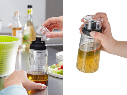 Leifheit Salad Dressing Shaker, 5 Imprinted Recipes, Glass Bottle, Non-Drip Spout, Dishwasher Safe, Black Transparent, 300 ml Measuring, Salad Dressing Pots, dressing maker