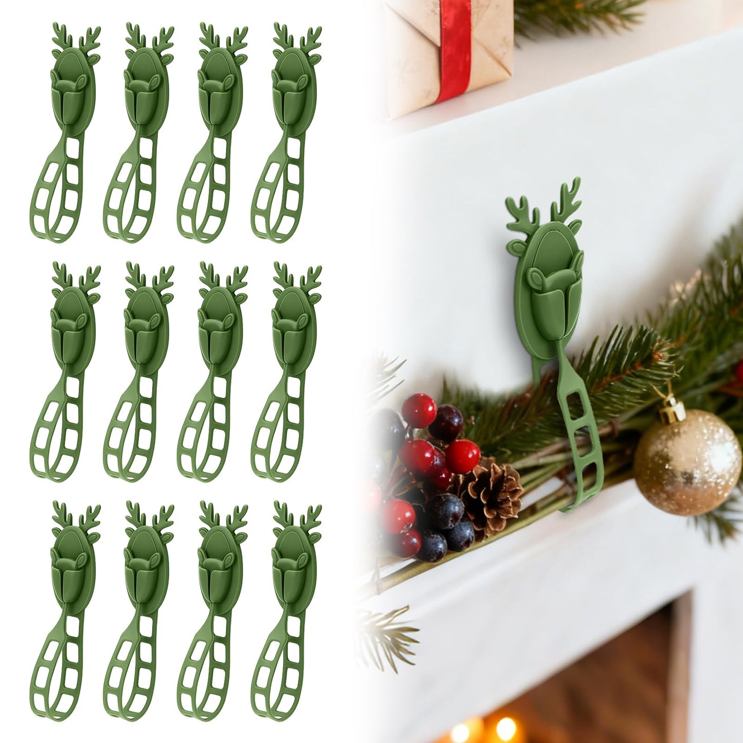 YIBOBO 18 Pcs Christmas Garland Hangers with Locking Buckle, Reindeer Design Adhesive Hooks for Stair Railing Fireplace Mantle Door, Reusable Silicone Stocking & Ornament Holders, Green (Deer, 18)
