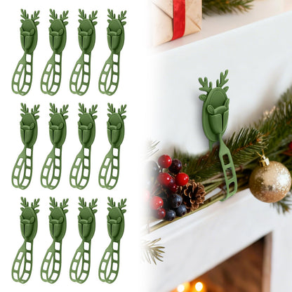 YIBOBO 18 Pcs Christmas Garland Hangers with Locking Buckle, Reindeer Design Adhesive Hooks for Stair Railing Fireplace Mantle Door, Reusable Silicone Stocking & Ornament Holders, Green (Deer, 18)