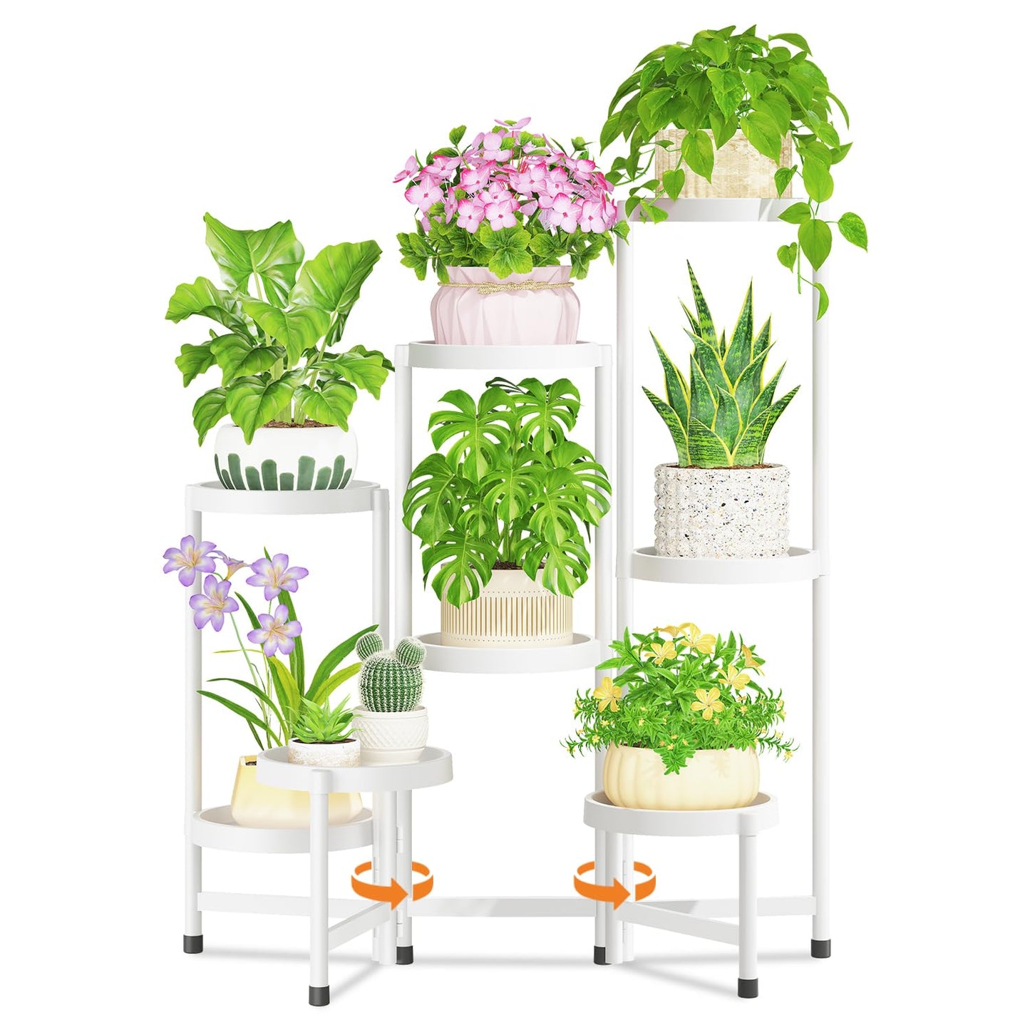 LASZOLA 8 Tiered Plant Stand Indoor Outdoor with Plastic Tray, Corner Folding Tall Flower Display Rack, Modern Plant Holder Shelf for Outdoor Patio Porch Garden Office Living Room, White