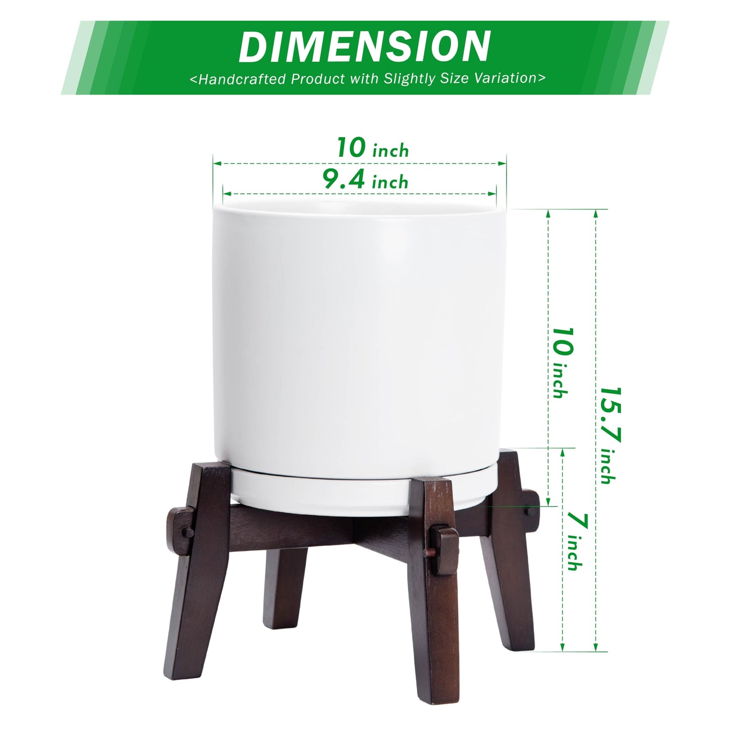 D'vine Dev Ceramic Planter with Wood Stand - 10 Inch Mid Century Modern Cylinder Indoor Plant Pot Set for Indoor Plants & Flowers, White, 55-A-X-1