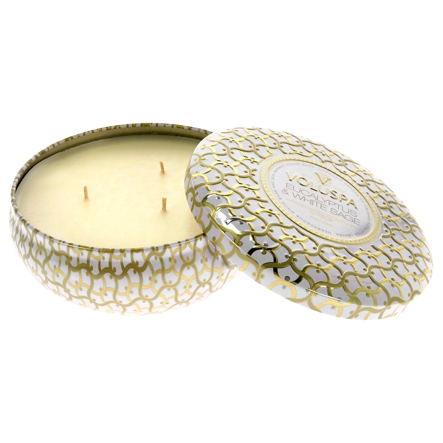 Voluspa Eucalyptus & White Sage, 3 Wick Tin Candle, 12 oz, 40 Hour Burn Time, Coconut Wax for Clean Burning, Handcrafted in the USA