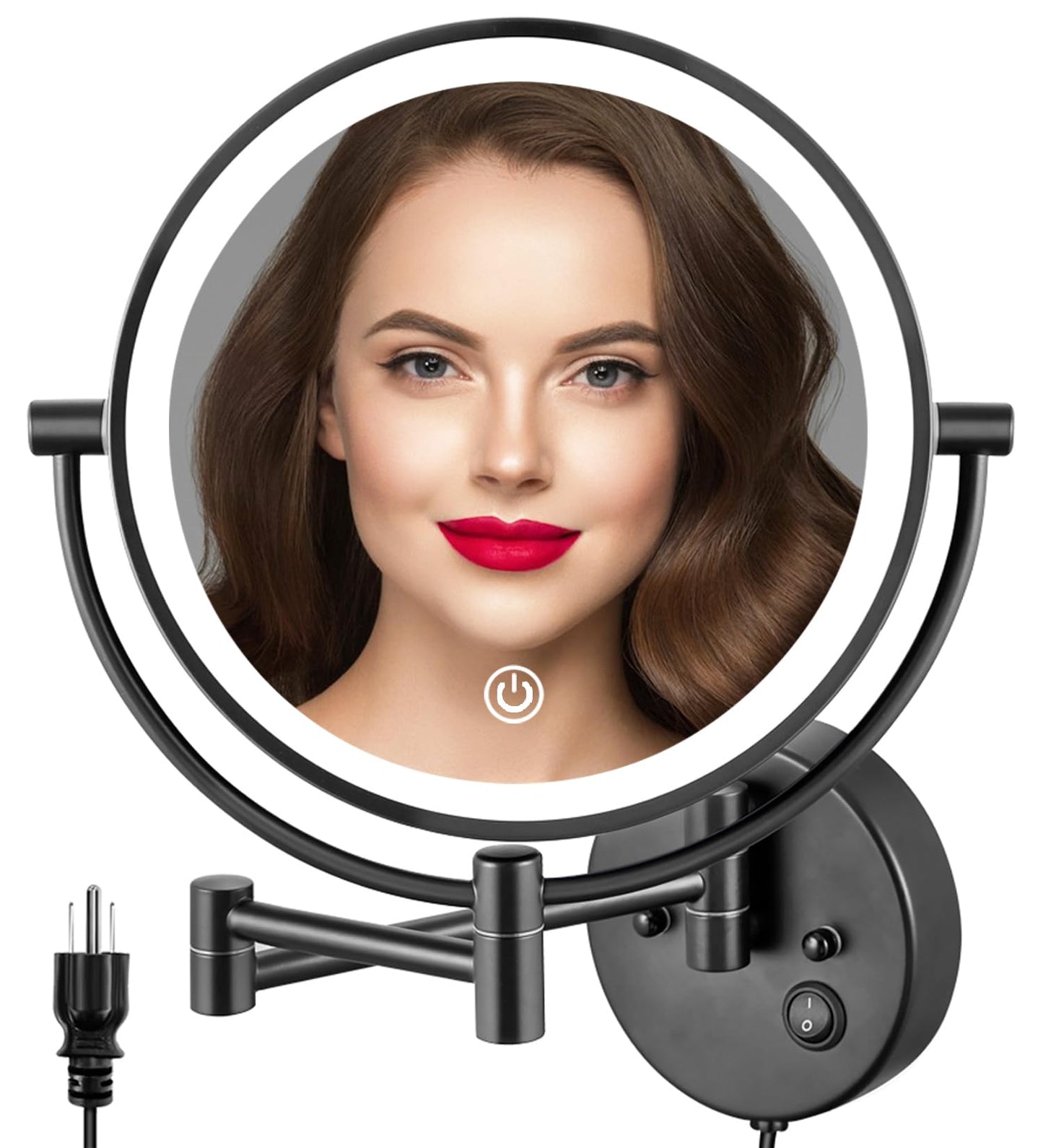 ALHAKIN 9" Wall Mounted Lighted Makeup Mirror, Large Rechargeable 1X/10X Magnifying Mirror with 3 Color Lights Dimmable, 360° Rotation, Nickel