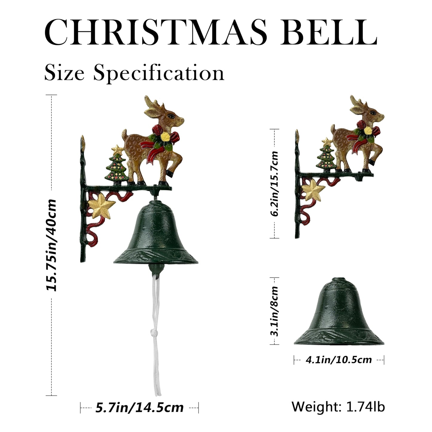 Christmas Bells for Decoration, Linton Arts Cast Iron Dinner Bell Outdoor – Hand-Painted Reindeer Antique Bells, Rustic Christmas Decorations Dinner Bell with Bracket for Porch, Garden, Patio