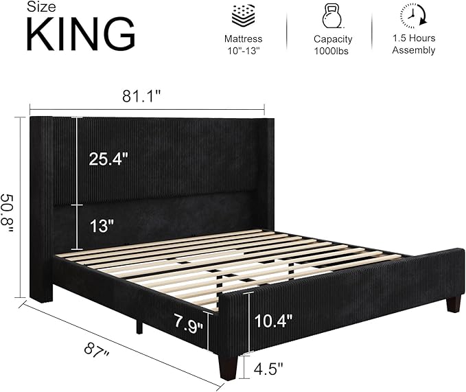 HOWE King Size Bed Frame with 50.8" Tall Wingback Headboard, Modern Corduroy