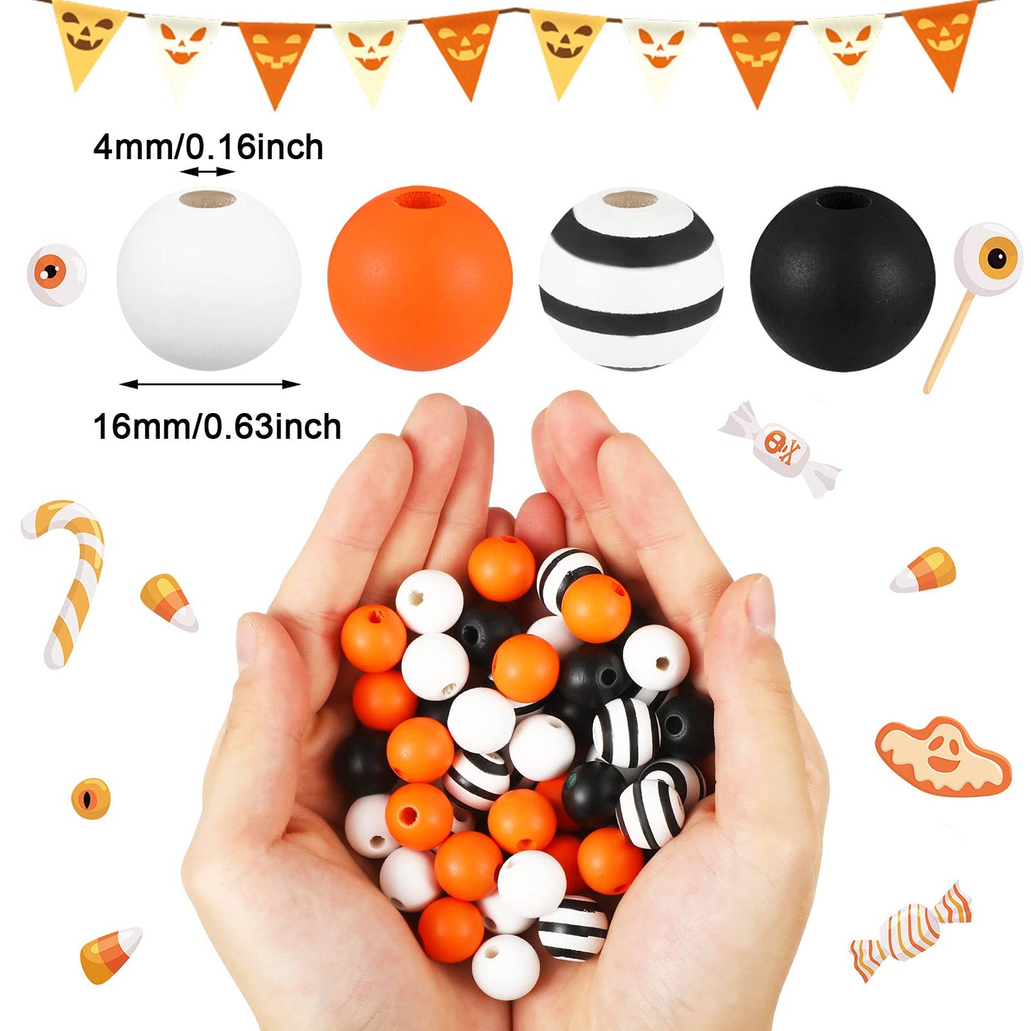 160 Pieces Wood Bead for Craft Halloween Natural Wooden Beads Rustic Farmhouse Handmade Polished Spacer Boho Bead Colorful Bead for Halloween Garlands DIY (Joyful Colors)