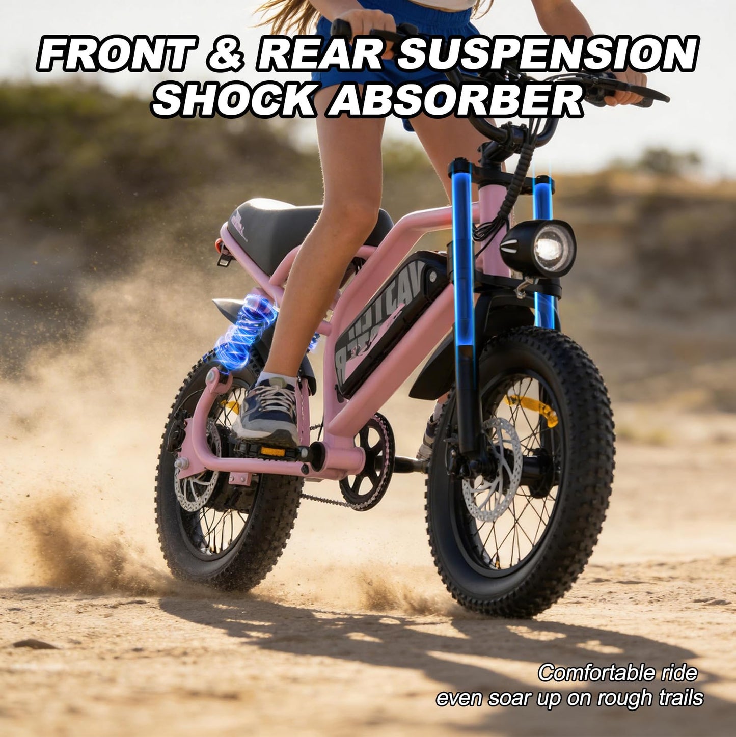 VDL Mountain Electric Bike for Teenager, 16" Fat Tire Ebike, Wider Seat 800W Peak Motor, Removable Battery, Front Fork Suspension, 20MPH, UP to 35 Miles Mountain Ebike, Black-Pink