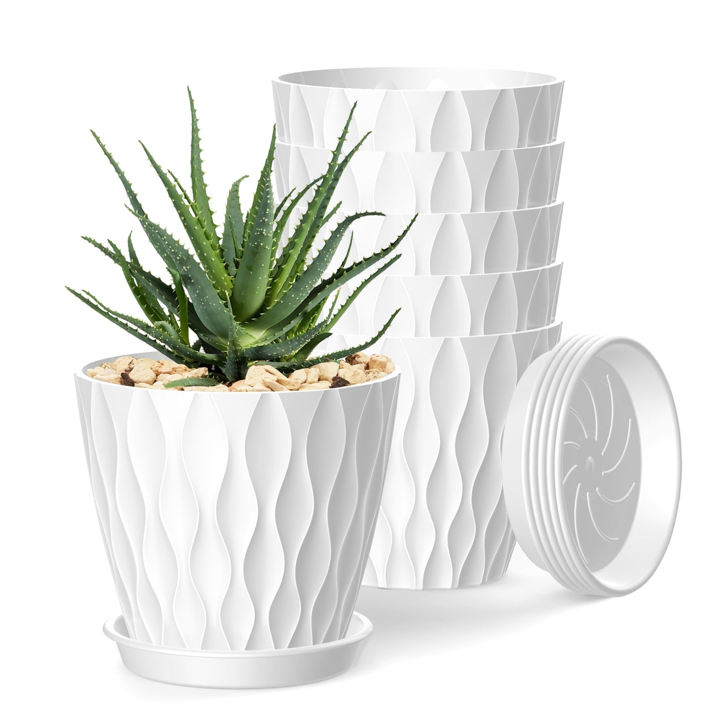 SQKH 4 Inch Plant Pots, 6 Pack Indoor Flower Pots, Planters with Drainage Holes and Trays for Orchids, Violets, Succulents, Herbs, and Other Plants,White