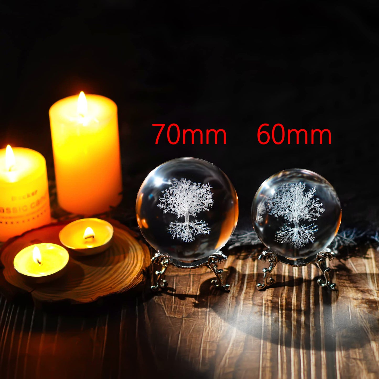 H&D Hyaline & Dora 70mm Tree of Life Clear Crystal Ball with Stand, K9 Glass Decorative Crystal Ball, 3D Laser Fengshui Home Decoration