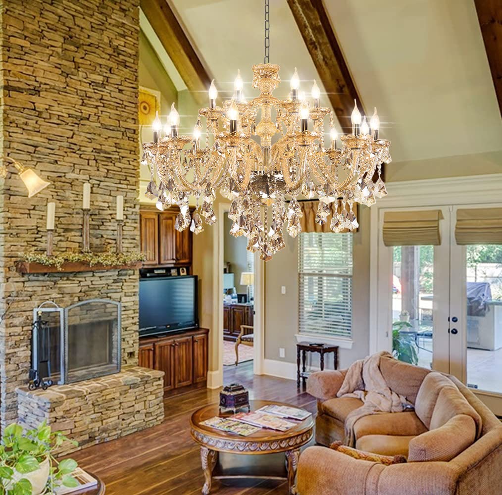 Durahonn Luxury Cognac Crystal Chandelier 18 Lights,Contemporary K9 Crystal Ceiling Chandelier Lighting Fixture Candle Style E12 Base for Dinning Living Room Bedroom Hallway (18 Lights)