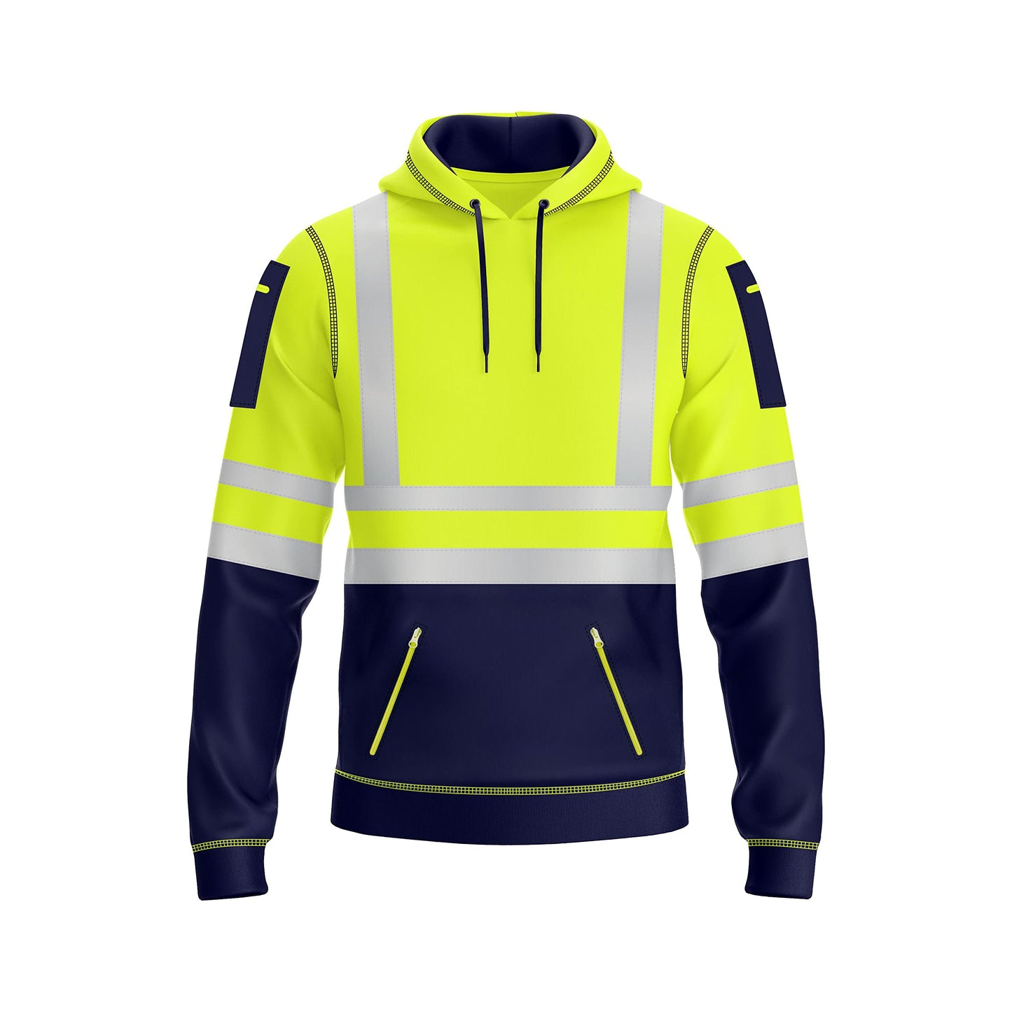 NOROZE Mens Hi Vis Hoodie with Reflective Tape, Pullover High Vis Hoodie for Safety Workwear– 4 Utility Zipped Pockets, Work Hoodies for Men, High Visibility Hooded (M, Style 1: Neon Green/Navy)