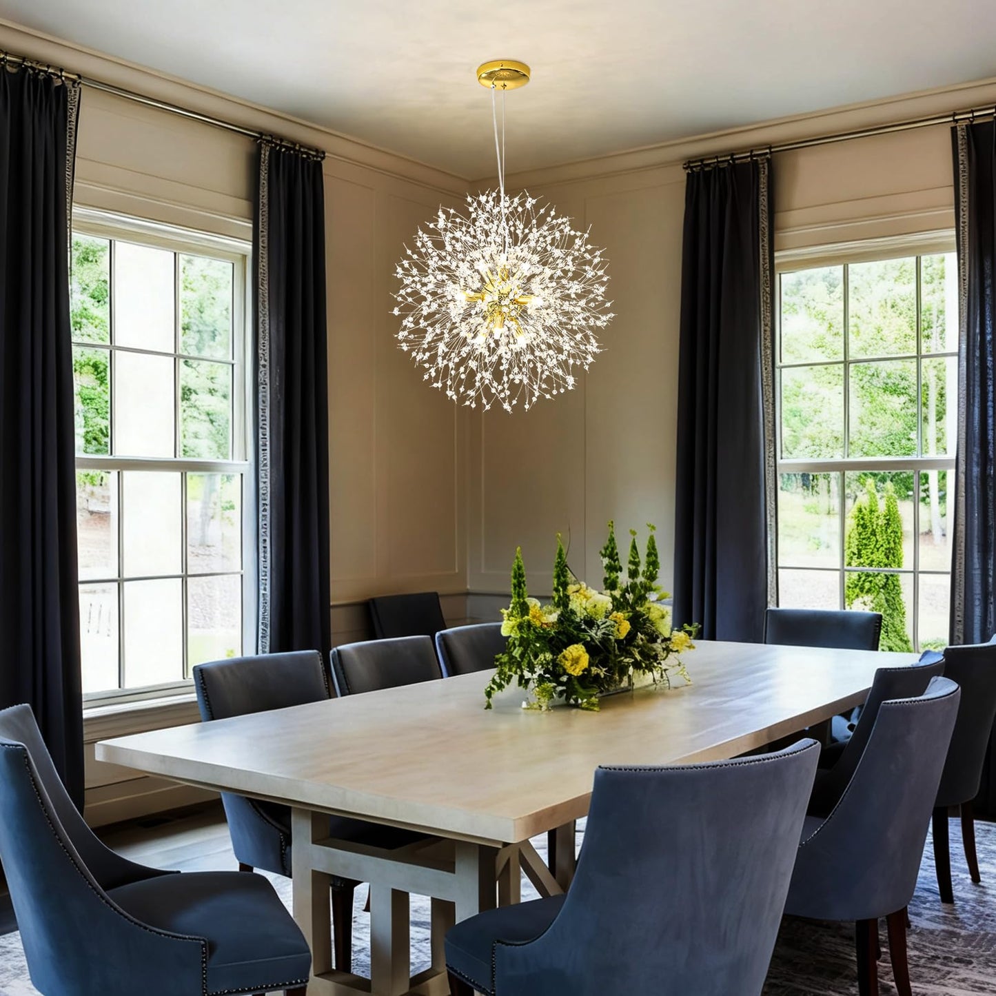 Qamra Modern Gold Crystal Chandeliers, Firework Dandelion Sputnik Chandelier Light Fixture Pendant Lighting for Dining Room, Bedroom, Kitchen, Living Room(9-Light, Gold)