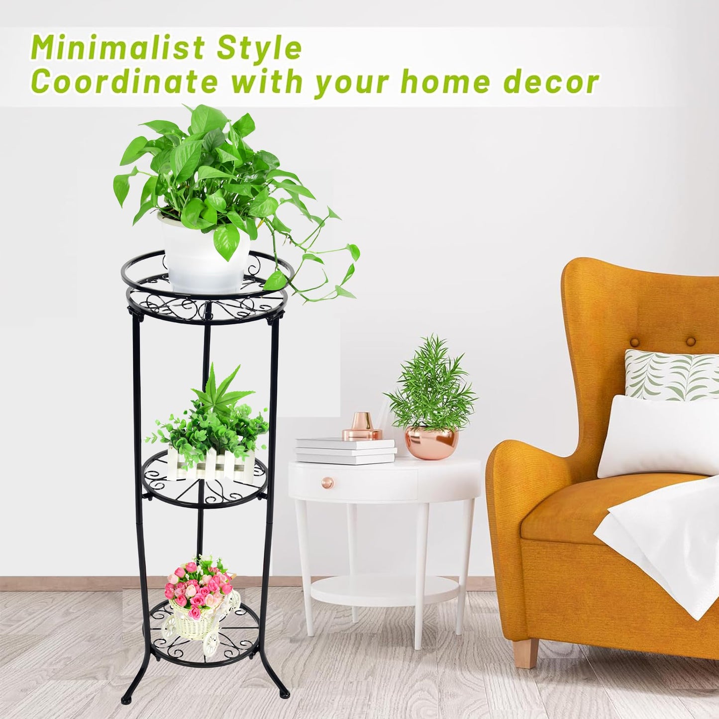 FAMZ Plant Stand Indoor Outdoor, 3 Tier Tall Black Metal Plant Stands, 35 inch Round Multiple Plant Rack Holder Rack Flower Pot Stand Heavy Duty Plant Shelf for Patio Balcony Garden Living Room
