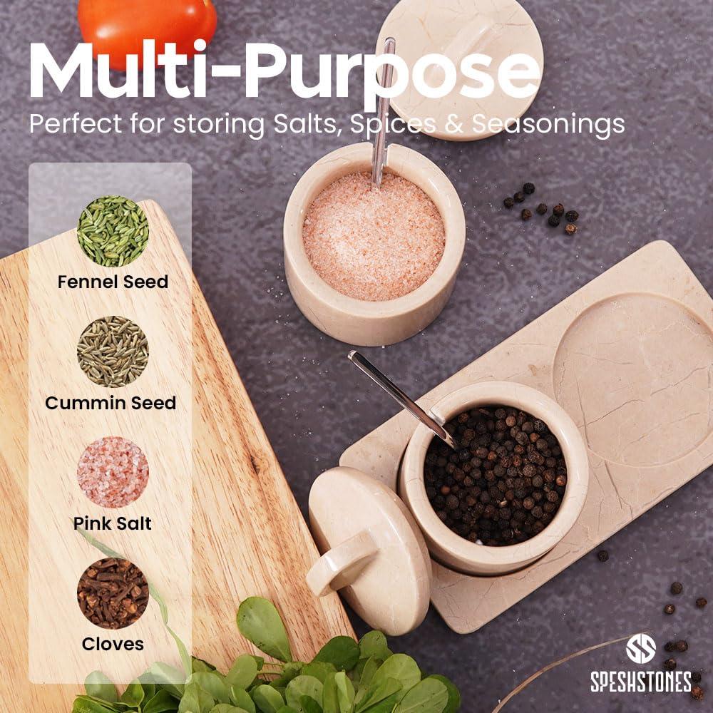 SPESHSTONES Marble Salt Cellar Beige 4 Inch Salt Jar with Lid, Table Salt Containers for Countertop, Salt Dish, Salt Holder, Spice Jars, Sugar Bowl, Seasoning Container Set of 2, Salt Dispenser