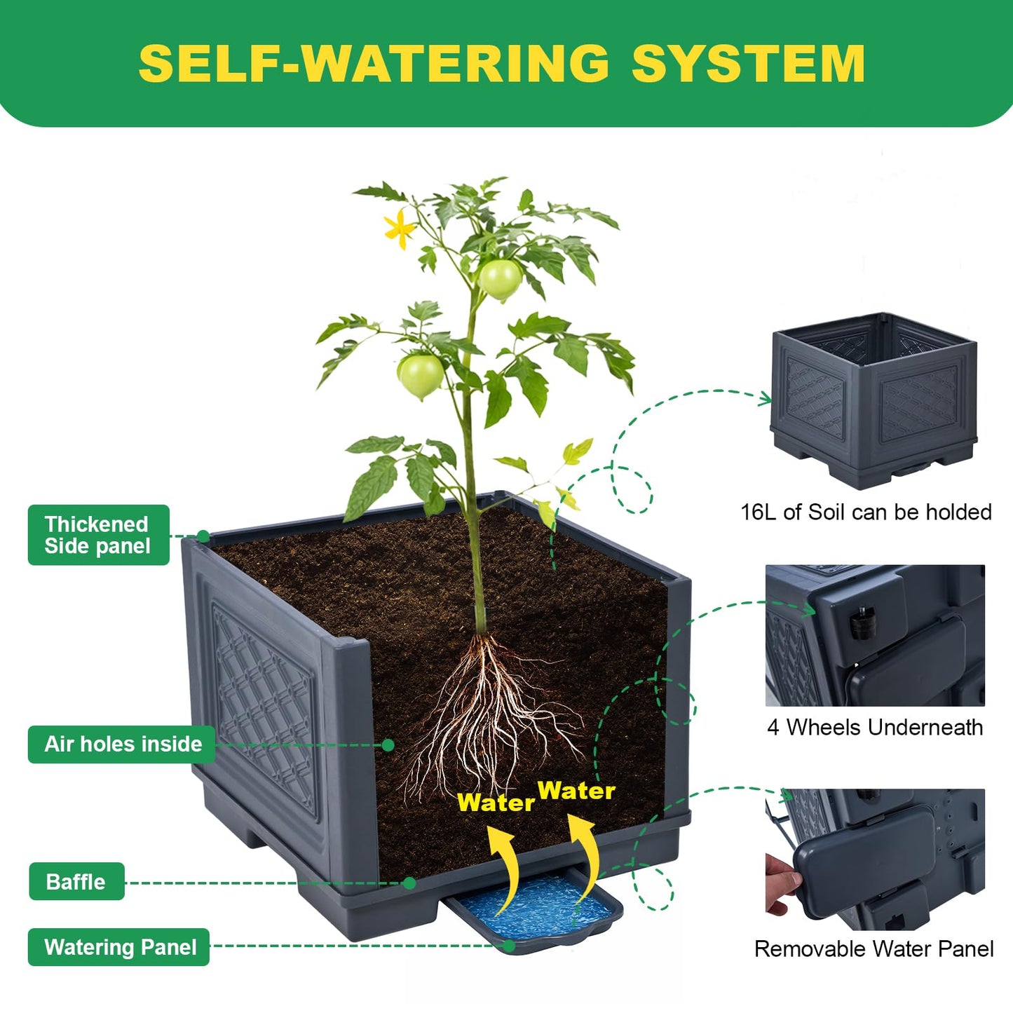 Raised Garden Bed, Tomato Cages for Garden, Tomato Cage, Raised Garden Beds Outdoor, Planter Box with Trellis, 44.8" Self-Watering Tomato Planter for Climbing Plants Vegetables Flowers(With Wheels)